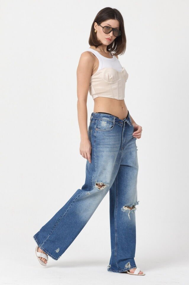WhatsUp Çift Katmanlı Bel Detaylı Yırtık Geniş Paça Jean Pantolon  - Mavi