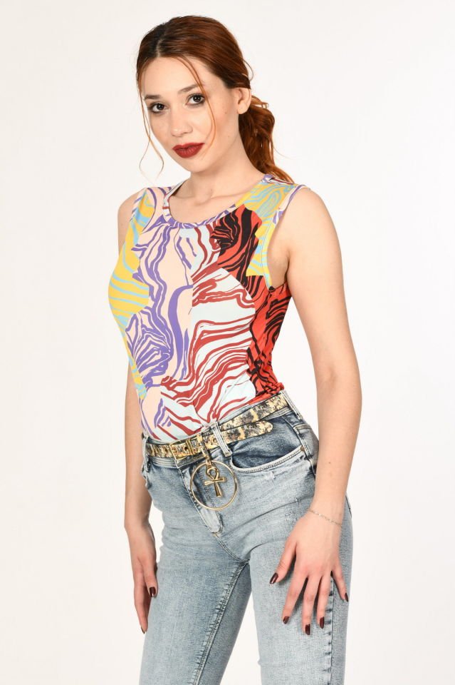 Miss Poem Desenli Kolsuz Bluz  - Kırmızı