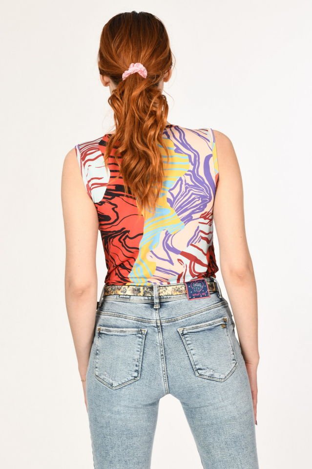 Miss Poem Desenli Kolsuz Bluz  - Kırmızı