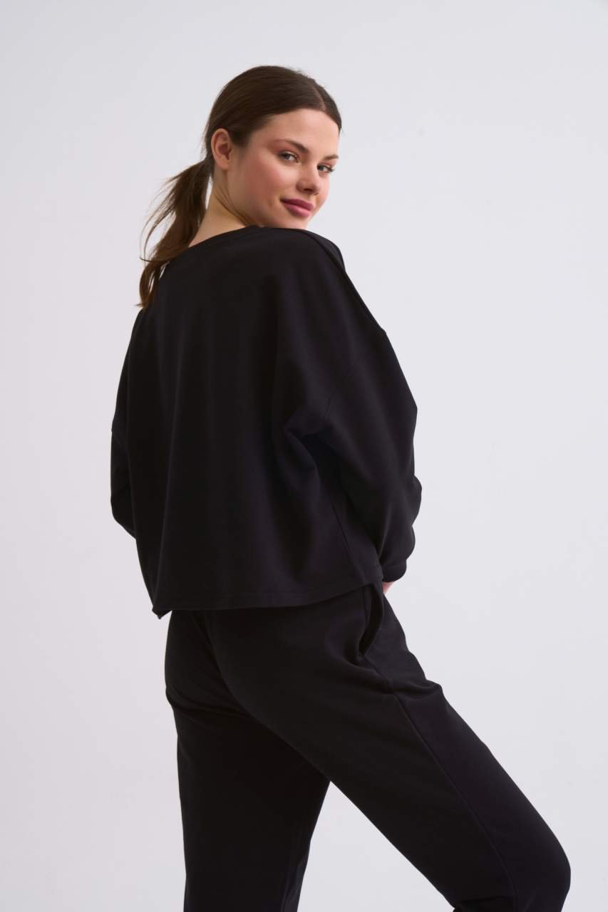 Organik Uzun Kollu Kadın Crop Sweatshirt - Siyah Siyah - L