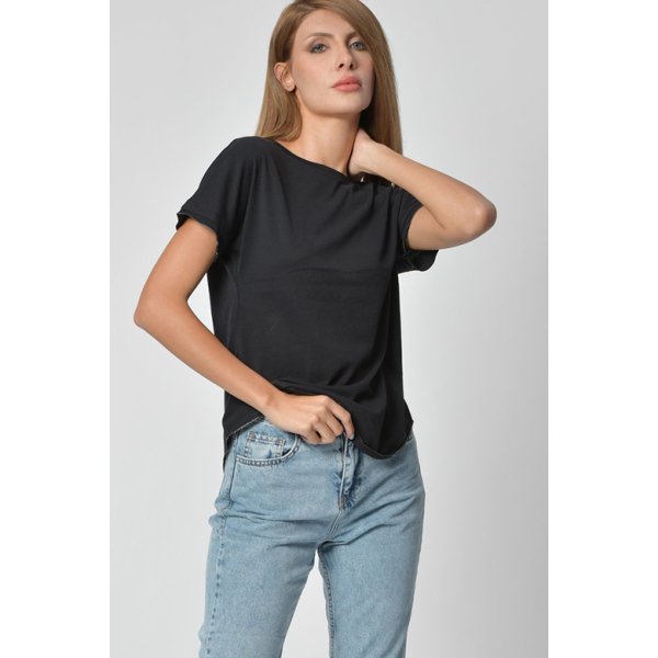 Zegy Kol ve Eteği Sim Detaylı Tişört - Siyah