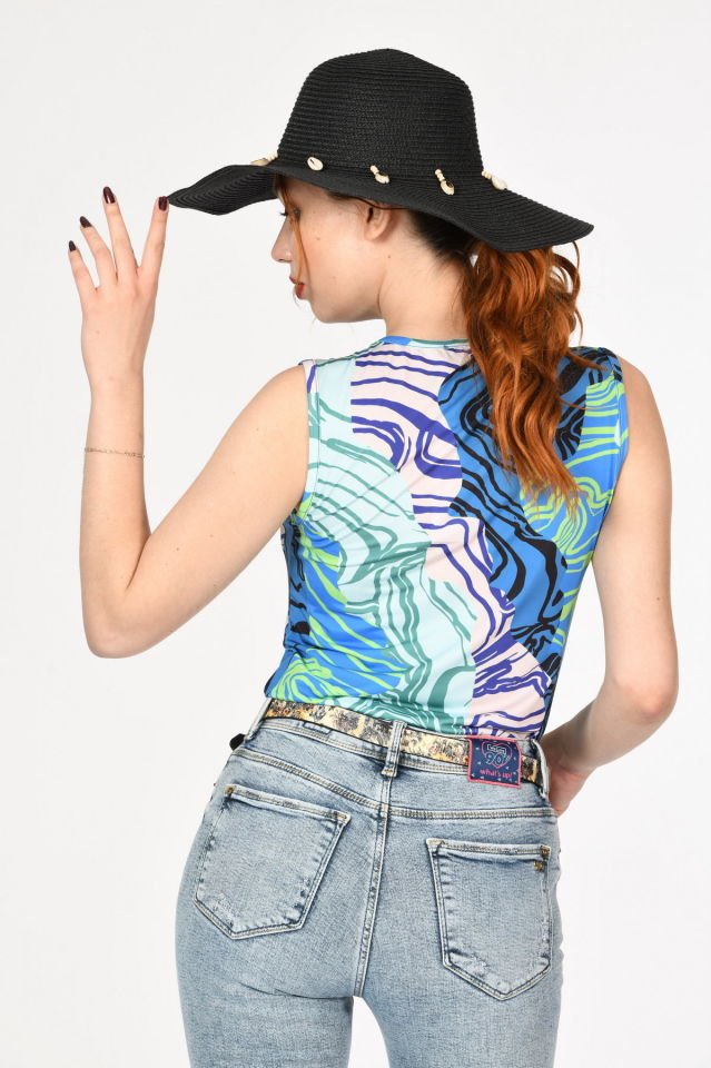 Miss Poem Desenli Kolsuz Bluz  - Mavi