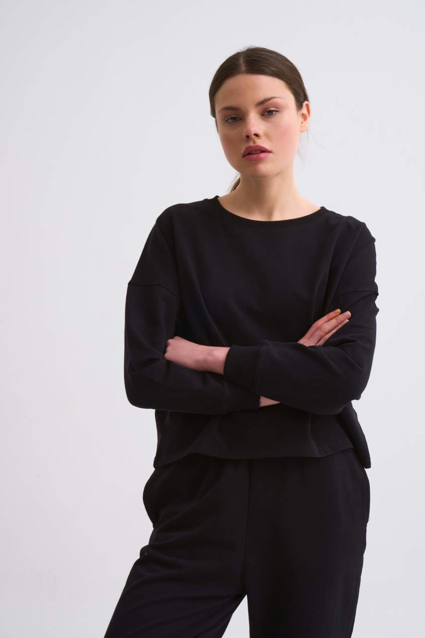 Organik Uzun Kollu Kadın Crop Sweatshirt - Siyah Siyah - XL