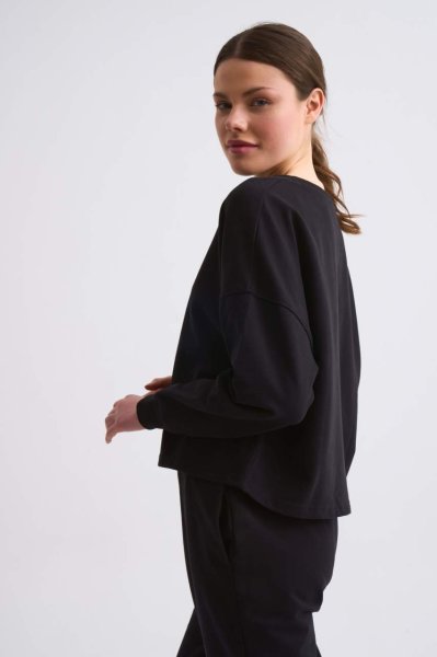 Organik Uzun Kollu Kadın Crop Sweatshirt - Siyah Siyah - XL