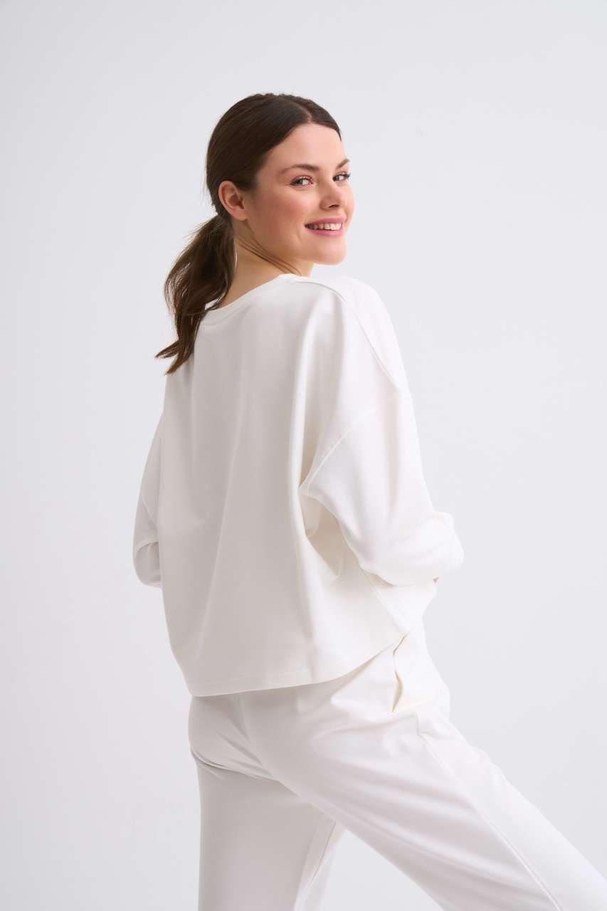 Organik Uzun Kollu Kadın Crop Sweatshirt - Ekru Ekru - S