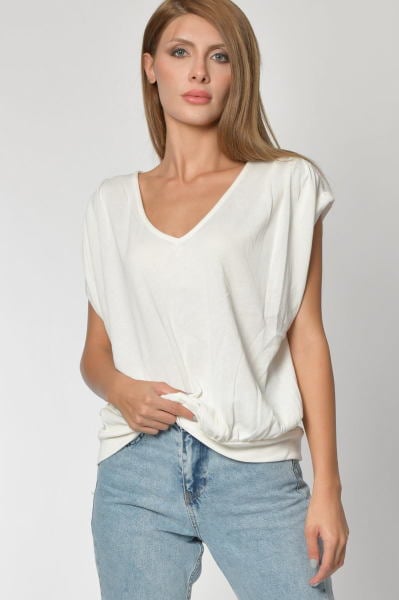 Zegy Eteği Lastik Detaylı Kısa Kol Tişört - Beyaz