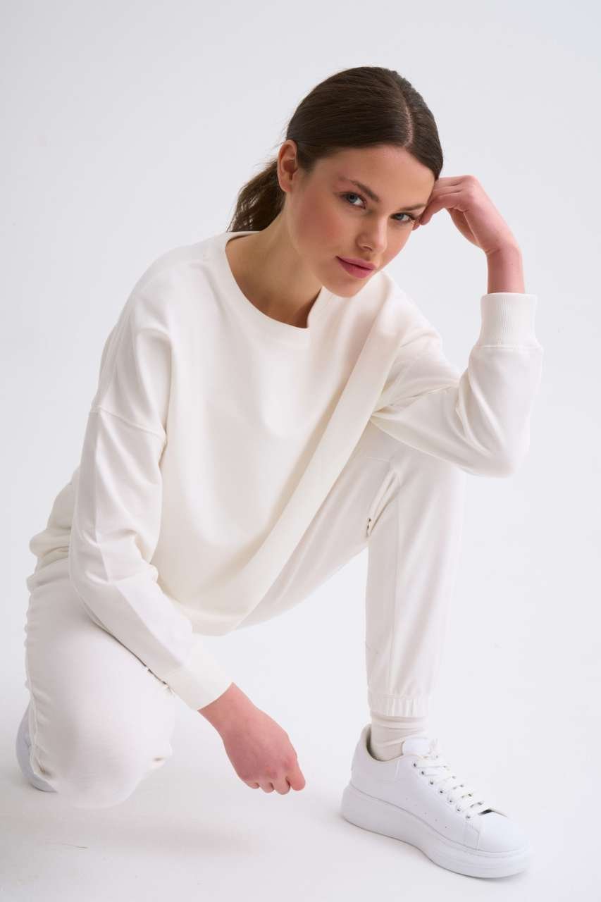 Organik Uzun Kollu Kadın Crop Sweatshirt - Ekru Ekru - XS