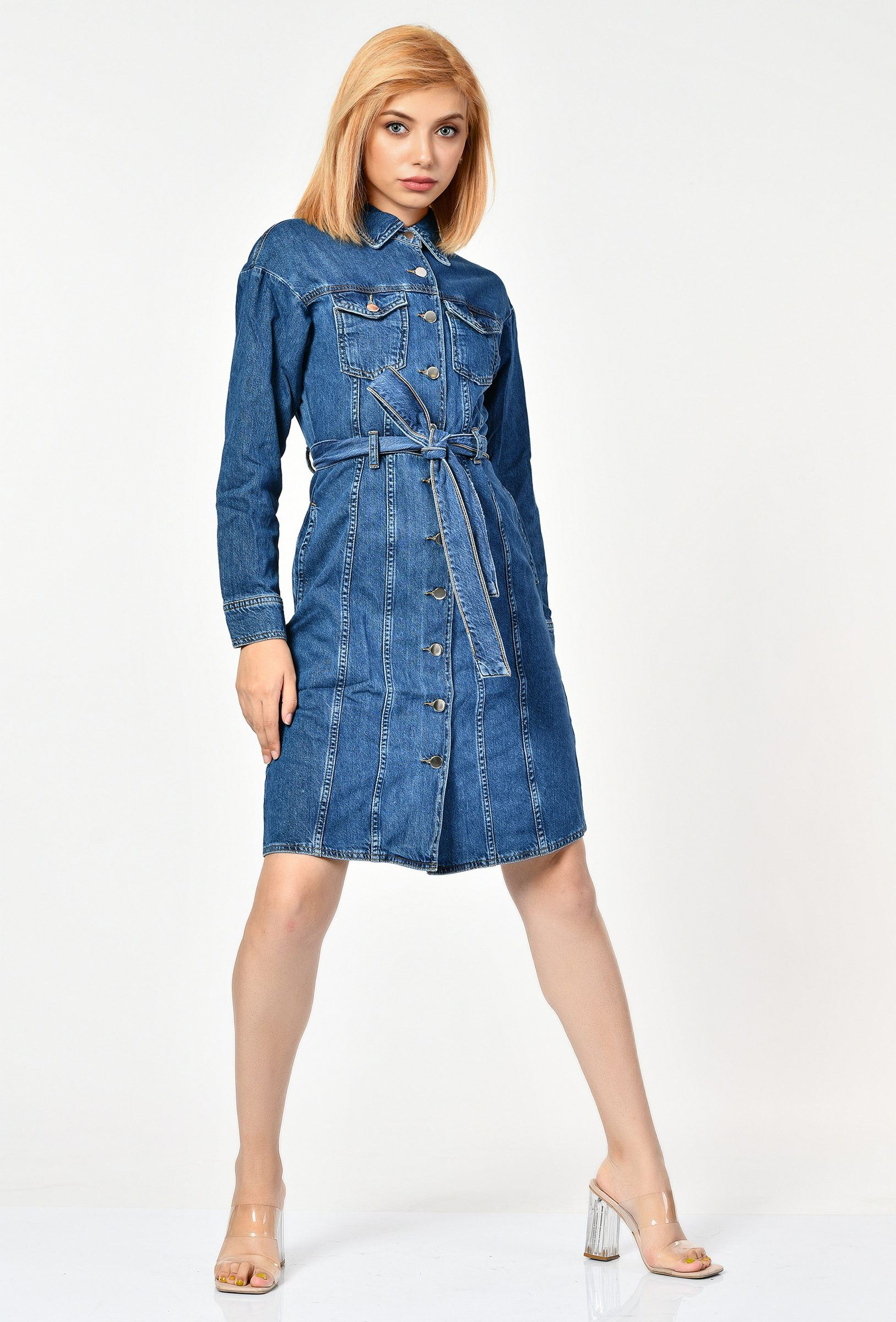 NewGen Kemer Detaylı Uzun Denim Elbise  - Mavi