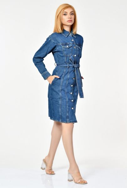 NewGen Kemer Detaylı Uzun Denim Elbise  - Mavi