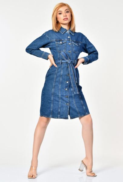 NewGen Kemer Detaylı Uzun Denim Elbise  - Mavi
