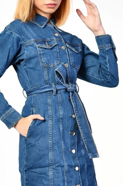 NewGen Kemer Detaylı Uzun Denim Elbise  - Mavi
