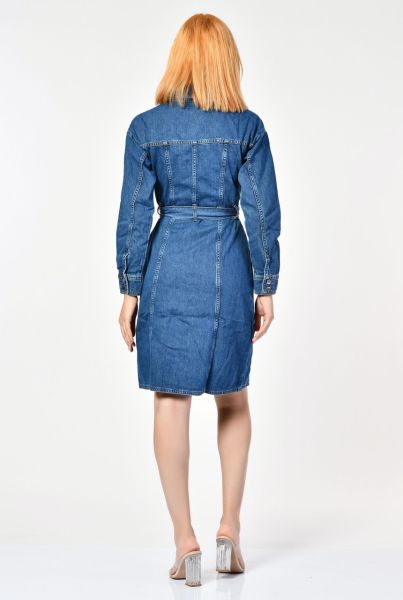 NewGen Kemer Detaylı Uzun Denim Elbise  - Mavi