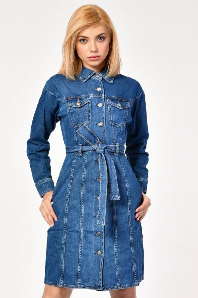 NewGen Kemer Detaylı Uzun Denim Elbise  - Mavi