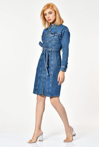 NewGen Kemer Detaylı Uzun Denim Elbise  - Mavi