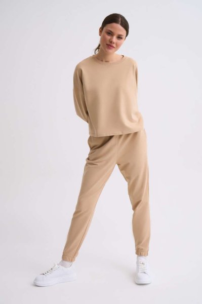 Organik Uzun Kollu Kadın Crop Sweatshirt - Bej Bej - L