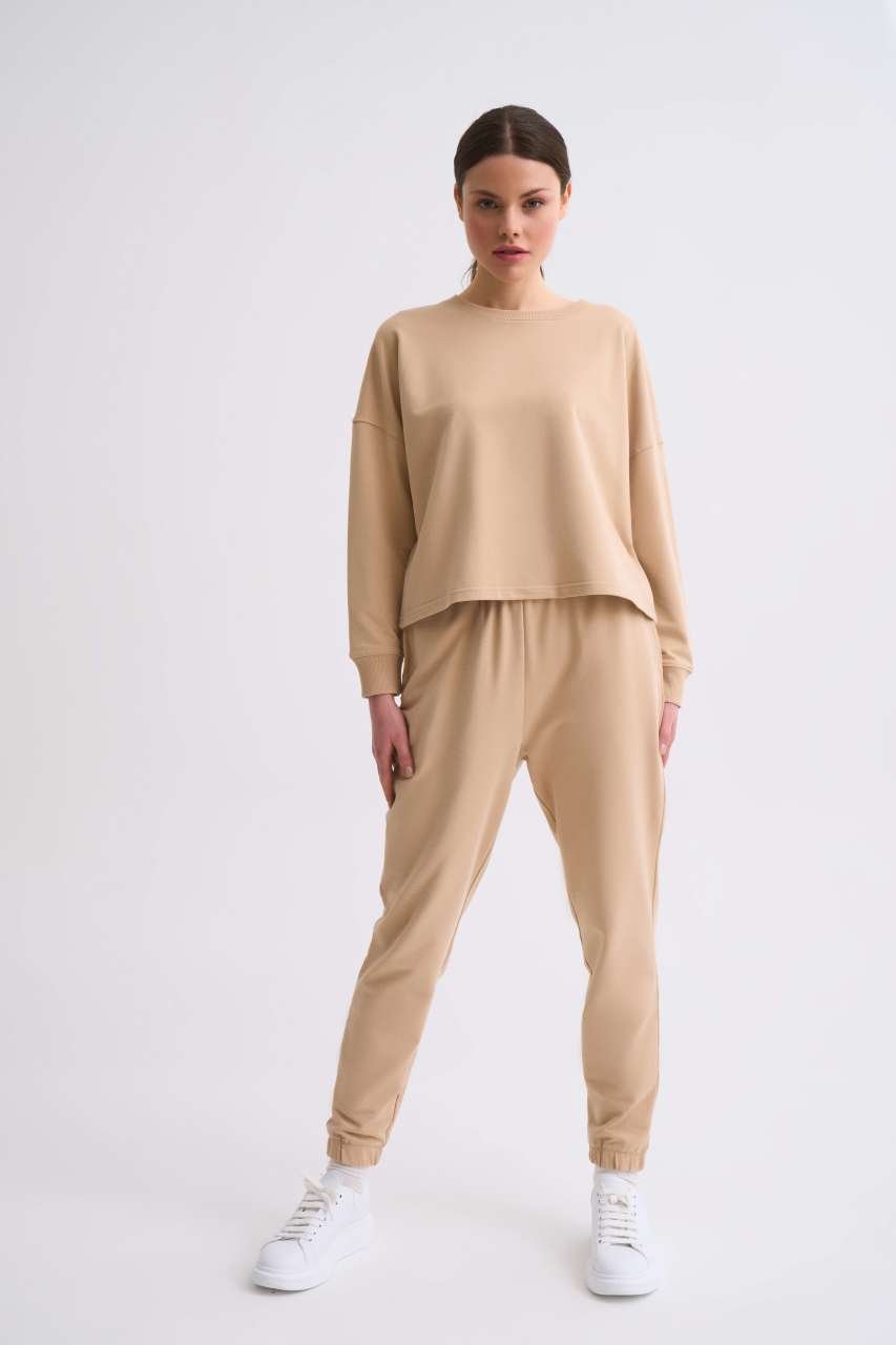 Organik Uzun Kollu Kadın Crop Sweatshirt - Bej Bej - L