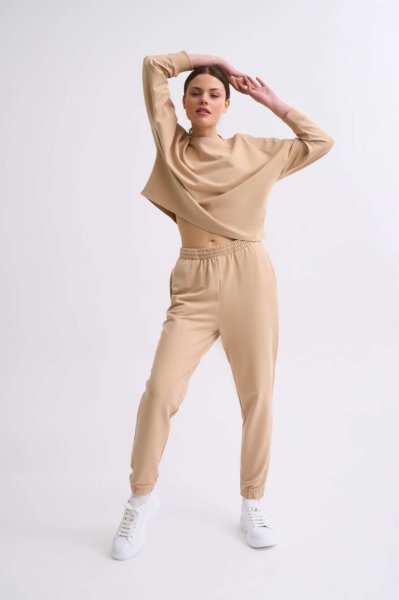 Organik Uzun Kollu Kadın Crop Sweatshirt - Bej Bej - M