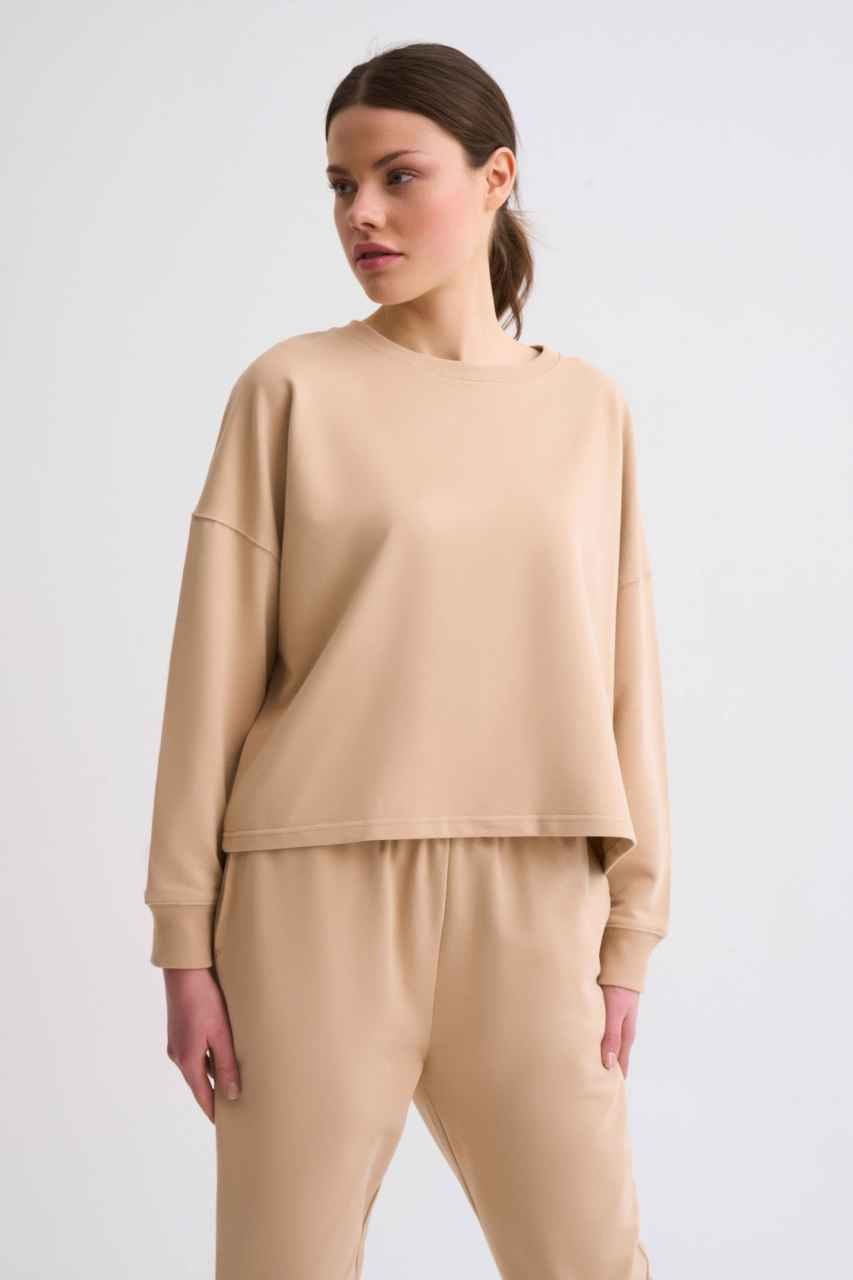 Organik Uzun Kollu Kadın Crop Sweatshirt - Bej Bej - XS