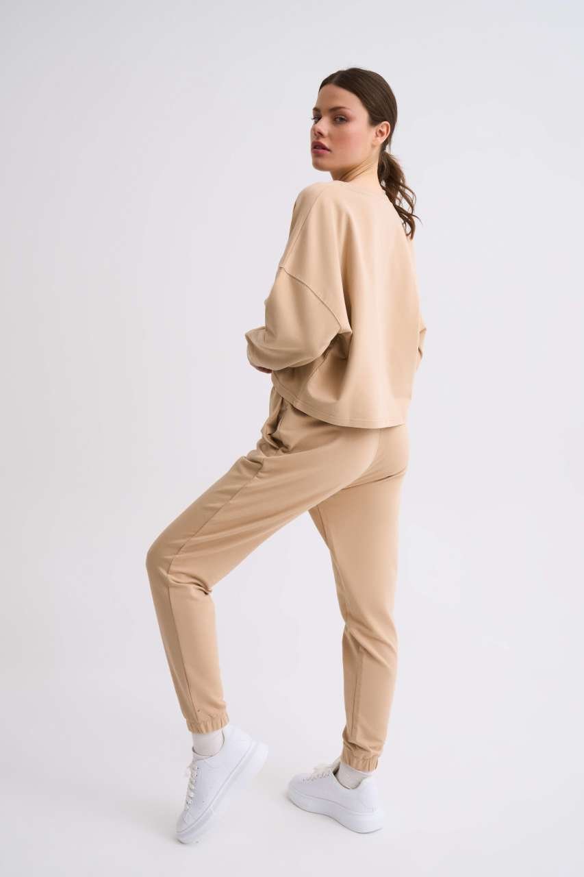 Organik Uzun Kollu Kadın Crop Sweatshirt - Bej Bej - XS