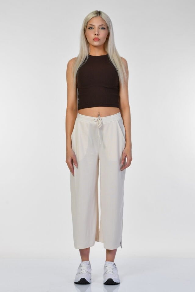 Cotton Candy Belden Bağcıklı Cepli Culotte Kadın Pantolon - Ekru