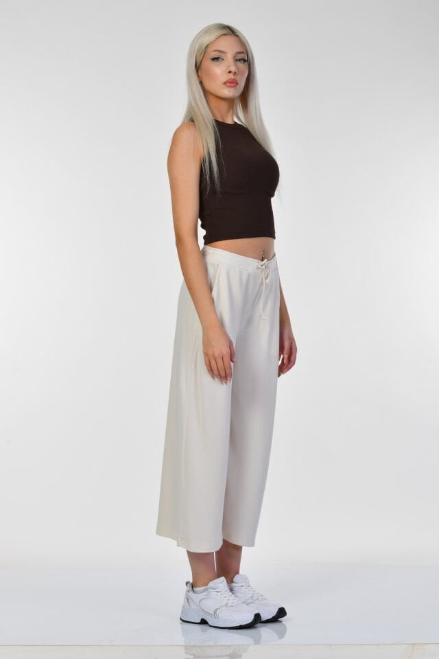 Cotton Candy Belden Bağcıklı Cepli Culotte Kadın Pantolon - Ekru