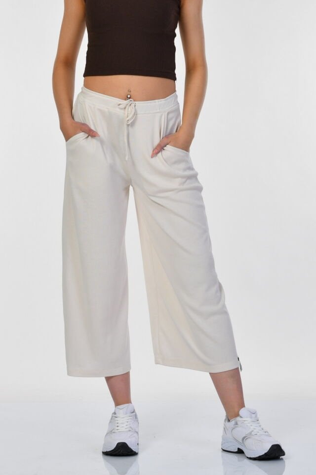 Cotton Candy Belden Bağcıklı Cepli Culotte Kadın Pantolon - Ekru