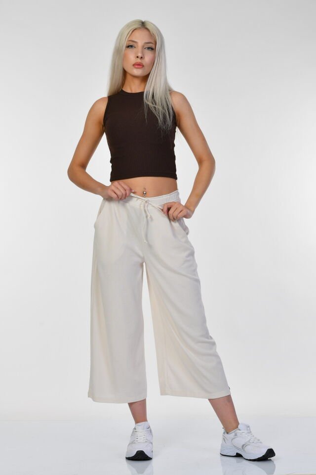 Cotton Candy Belden Bağcıklı Cepli Culotte Kadın Pantolon - Ekru