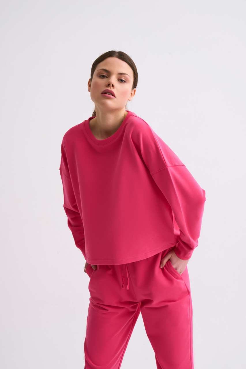 Organik Uzun Kollu Kadın Crop Sweatshirt - Pembe Pembe - S