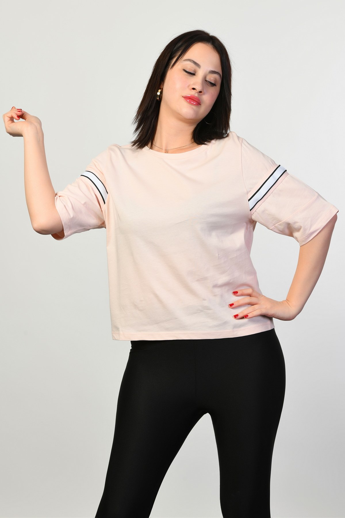 ZEGY Şeritli Kadın Tişört  - Pembe