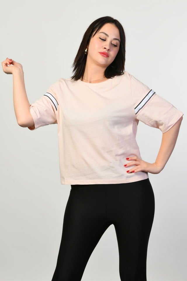 ZEGY Şeritli Kadın Tişört  - Pembe