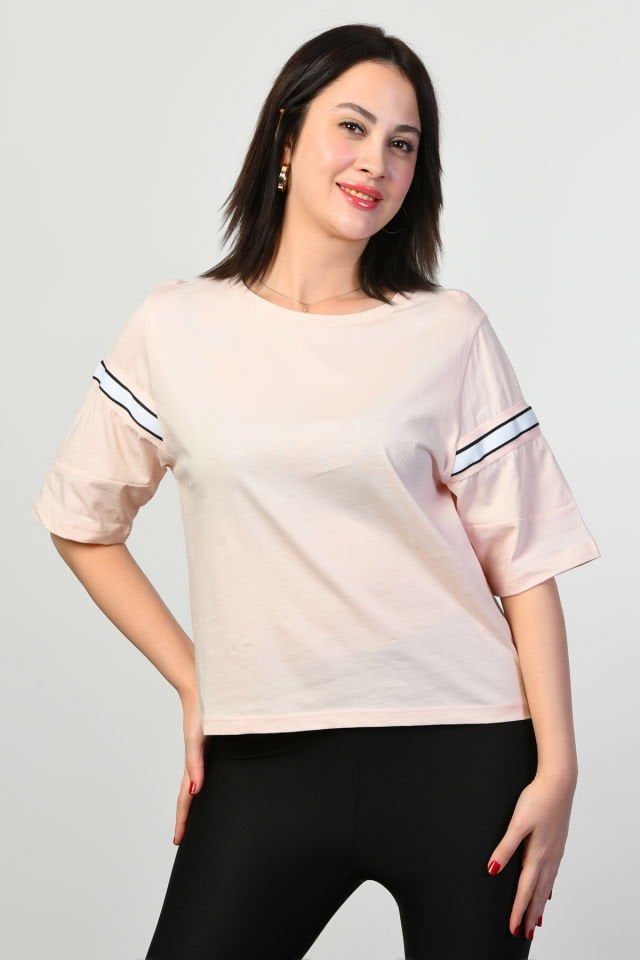 ZEGY Şeritli Kadın Tişört  - Pembe