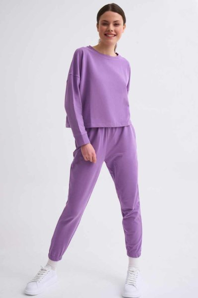 Organik Uzun Kollu Kadın Crop Sweatshirt - Mor Mor - XS