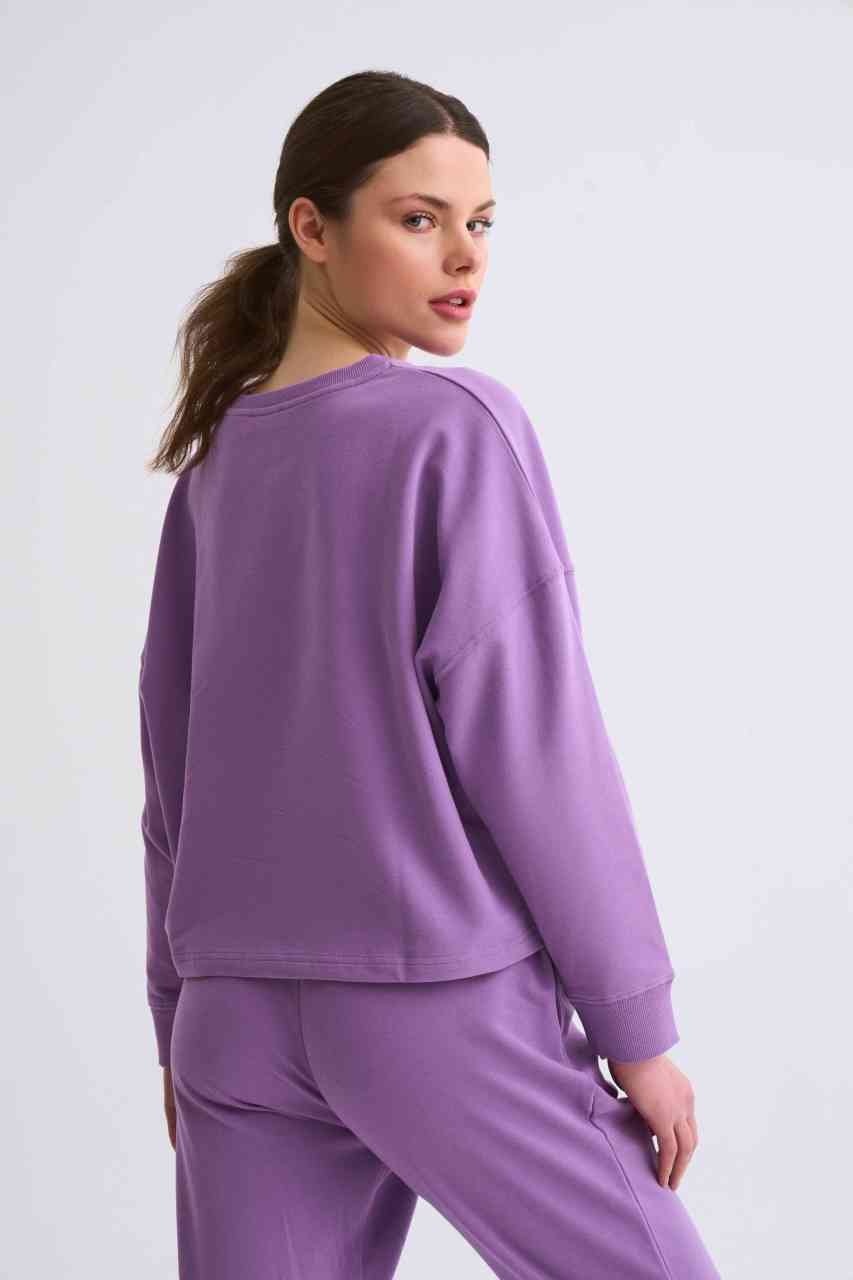 Organik Uzun Kollu Kadın Crop Sweatshirt - Mor Mor - XS