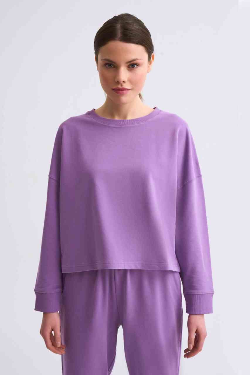 Organik Uzun Kollu Kadın Crop Sweatshirt - Mor Mor - XS