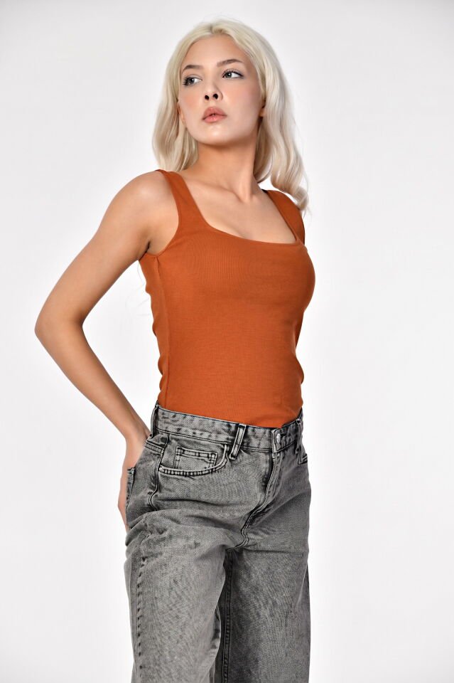 ZEGY Kalın Askılı Kadın Bluz  - Kahverengi