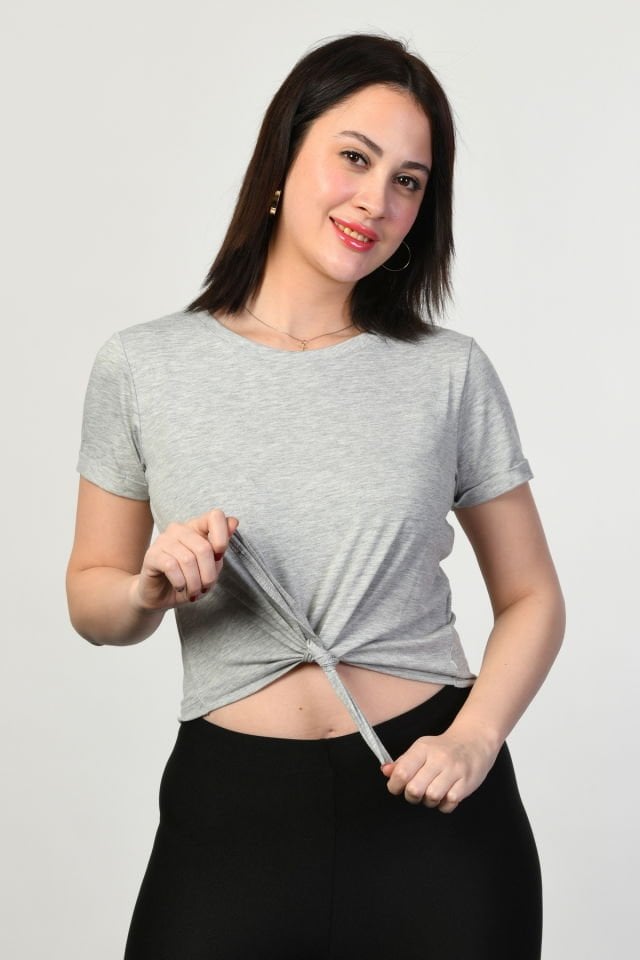 ZEGY Bisiklet Yaka Kadın Tişört  - Gri