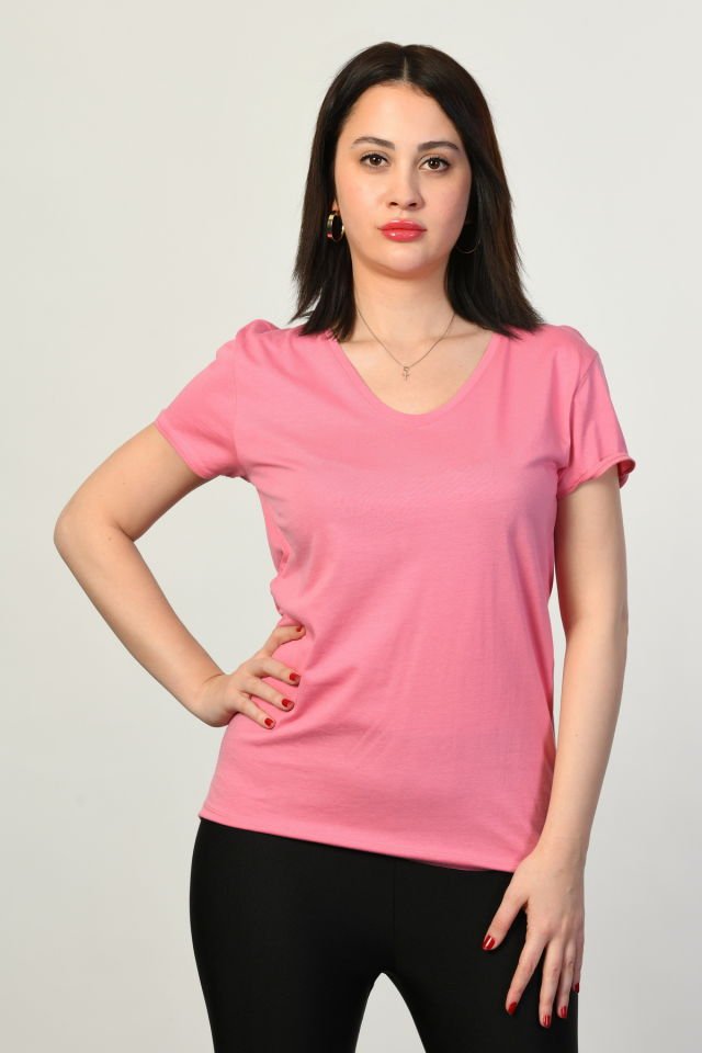 ZEGY V Yaka Kısa Kollu Kadın Tişört  - Pembe