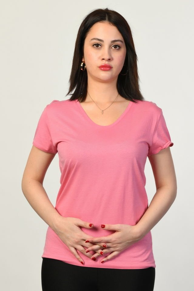 ZEGY V Yaka Kısa Kollu Kadın Tişört  - Pembe