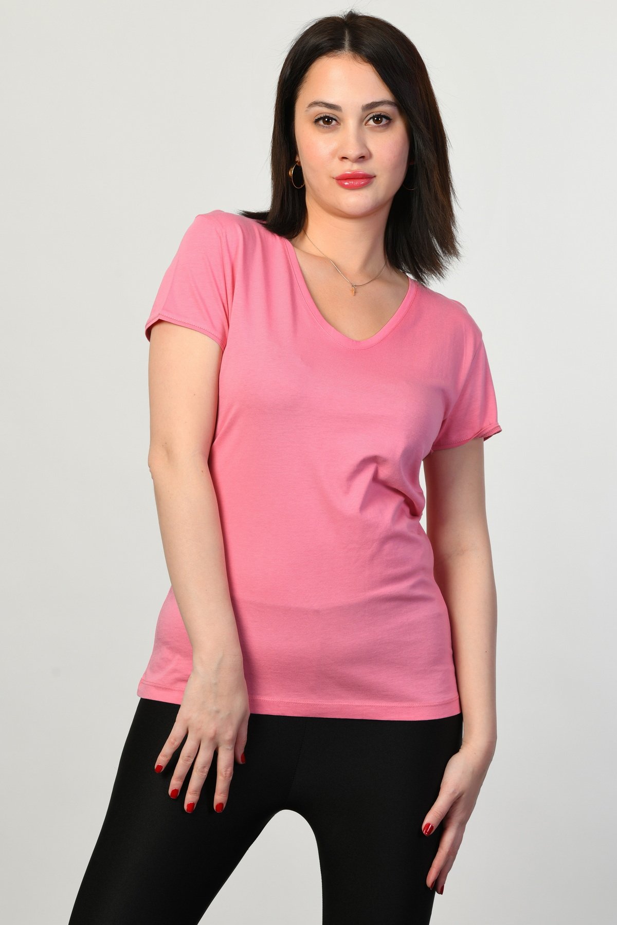 ZEGY V Yaka Kısa Kollu Kadın Tişört  - Pembe