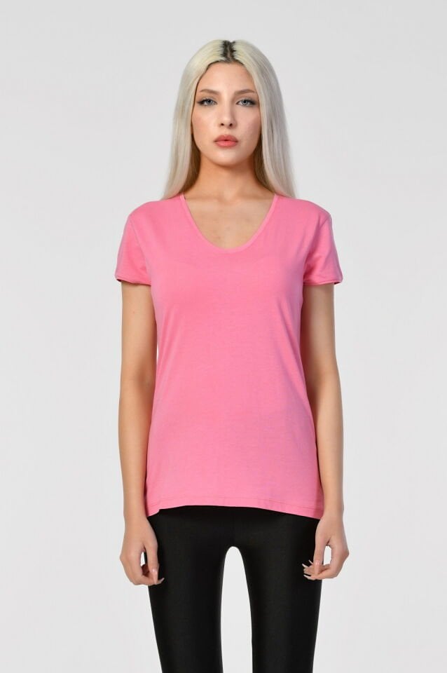 ZEGY V Yaka Kısa Kollu Kadın Tişört  - Pembe