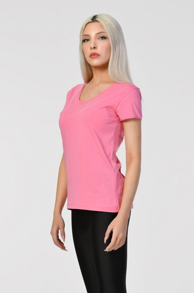ZEGY V Yaka Kısa Kollu Kadın Tişört  - Pembe