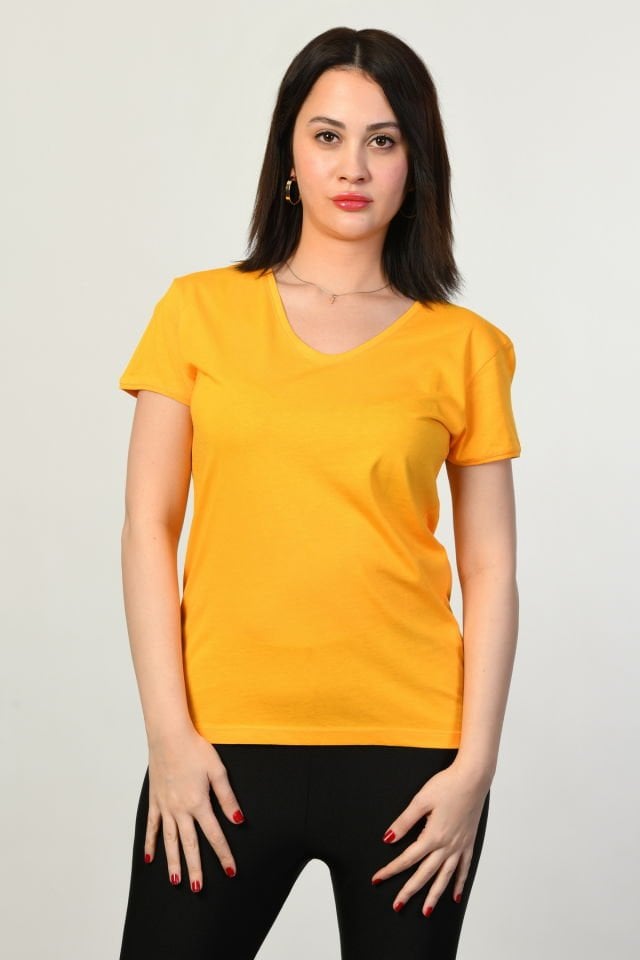 ZEGY V Yaka Kısa Kollu Kadın Tişört  - Sarı