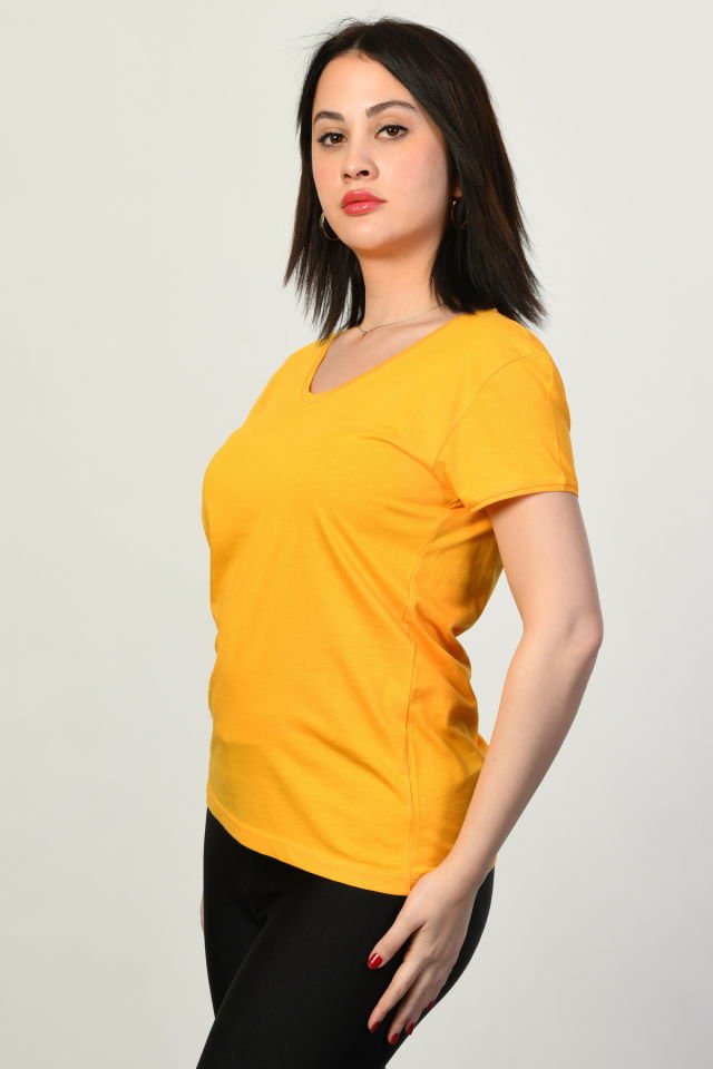 ZEGY V Yaka Kısa Kollu Kadın Tişört  - Sarı