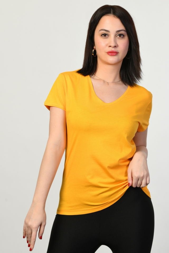 ZEGY V Yaka Kısa Kollu Kadın Tişört  - Sarı