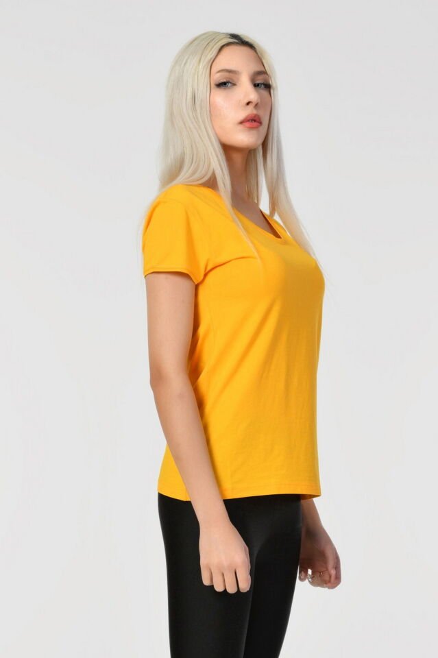 ZEGY V Yaka Kısa Kollu Kadın Tişört  - Sarı