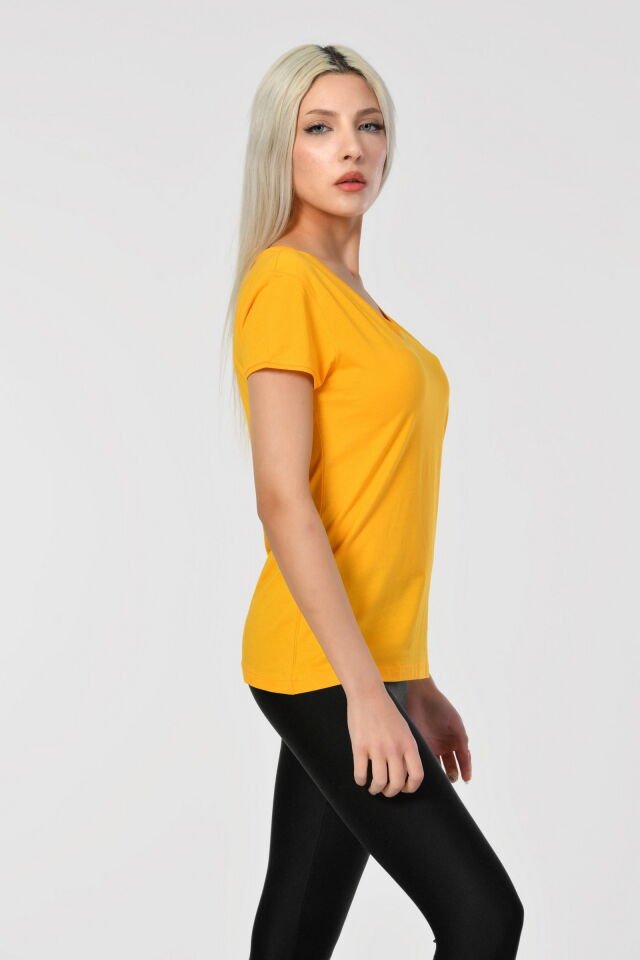 ZEGY V Yaka Kısa Kollu Kadın Tişört  - Sarı