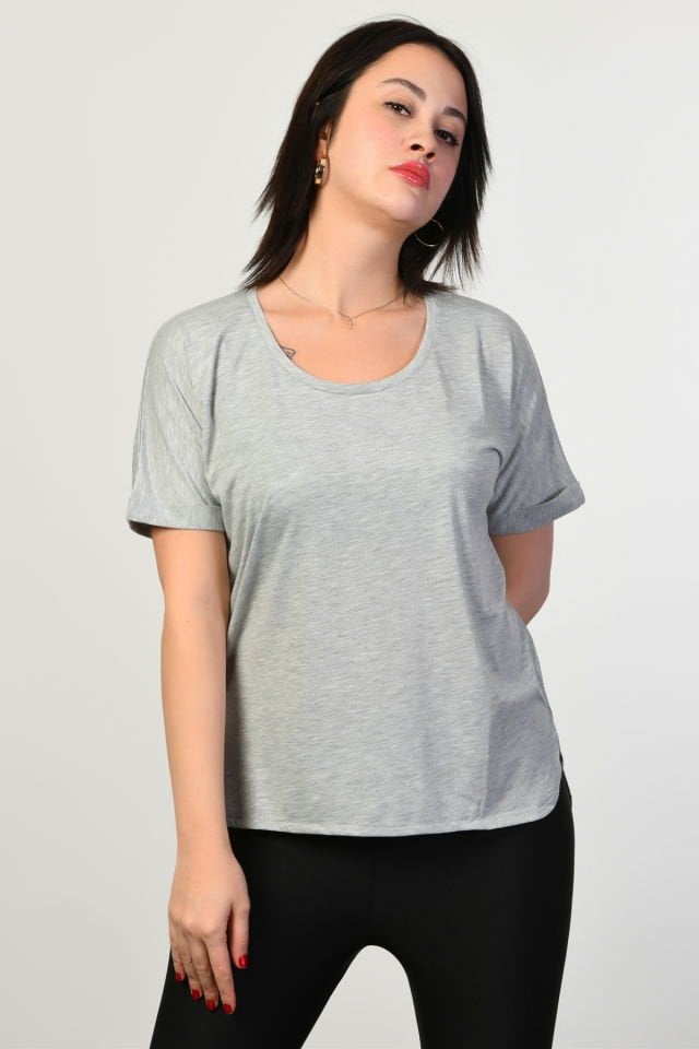 ZEGY Bisiklet Yaka Kadın Tişört  - Gri