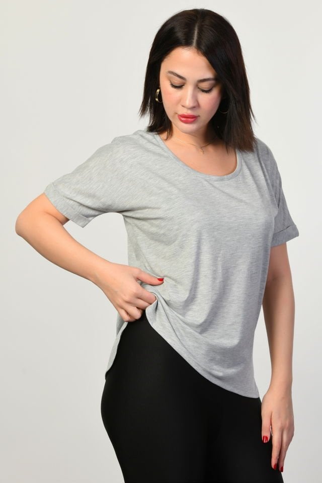 ZEGY Bisiklet Yaka Kadın Tişört  - Gri