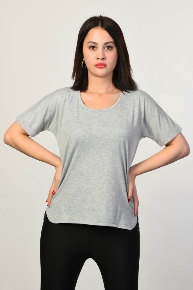 ZEGY Bisiklet Yaka Kadın Tişört  - Gri