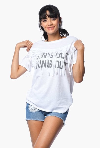 Cotton Candy Püsküllü Kısa Kollu Kadın T-Shirt - Beyaz